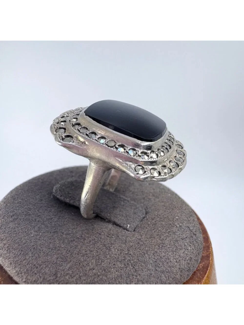 Black Onyx Bezel Set Sterling Silver 925 & Marcasite Ring Size 5.25